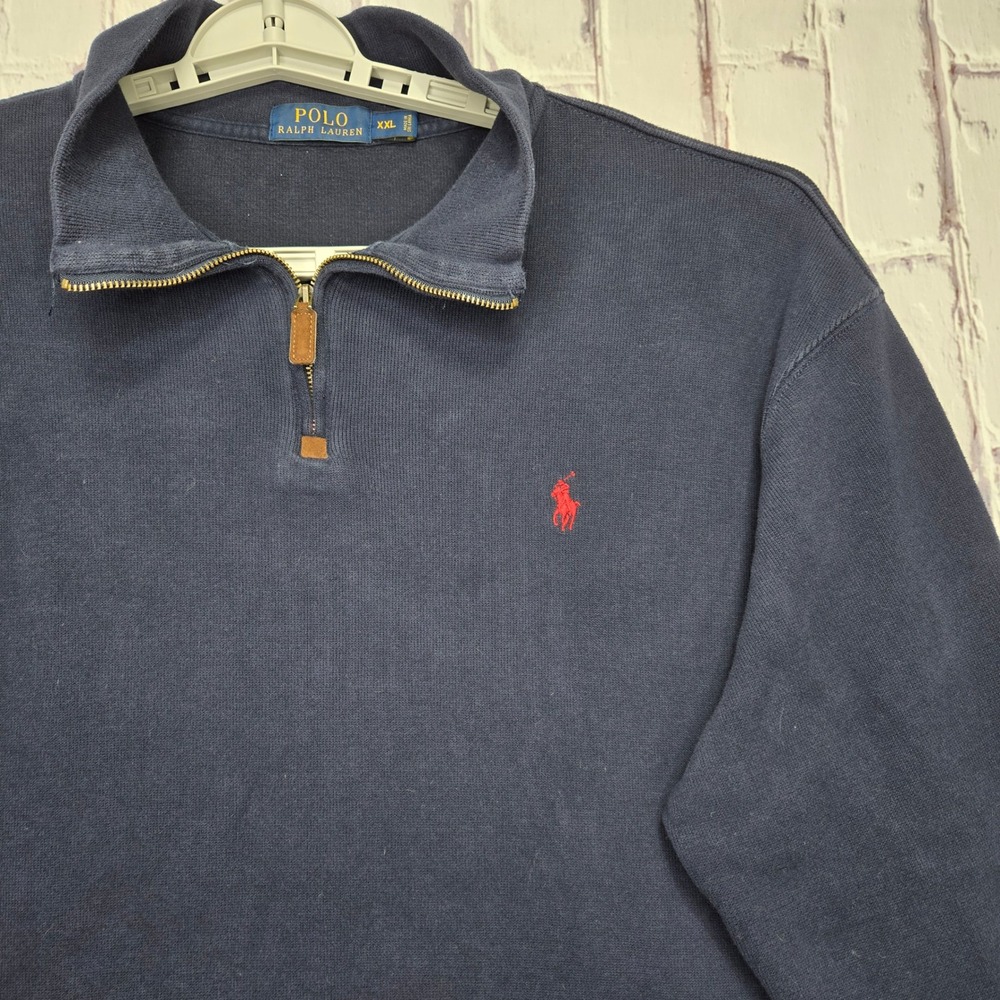 Y2K Polo Ralph Lauren Men XXL Navy 1/4 Zip Cotton Knit Pullover Sweater Pony